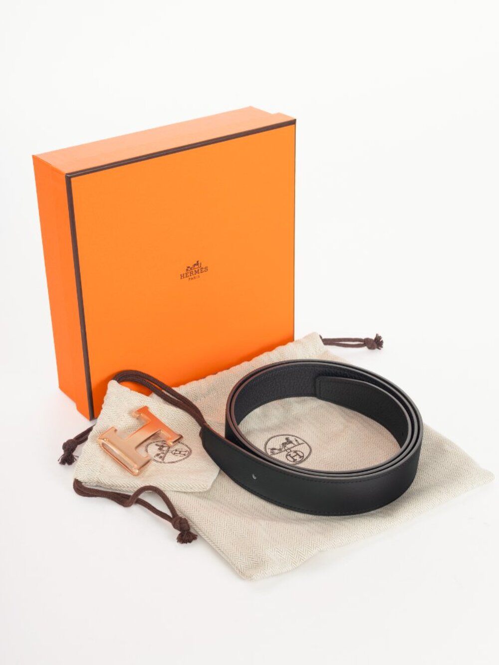 Hermes Noir/Noir Reversible Box 135/Togo Leather Belt w/ Rose Gold H Buckle